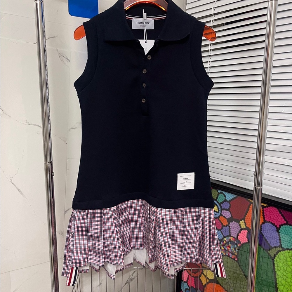 Thom Browne Navy Sleeveless Top with Plaid Hem